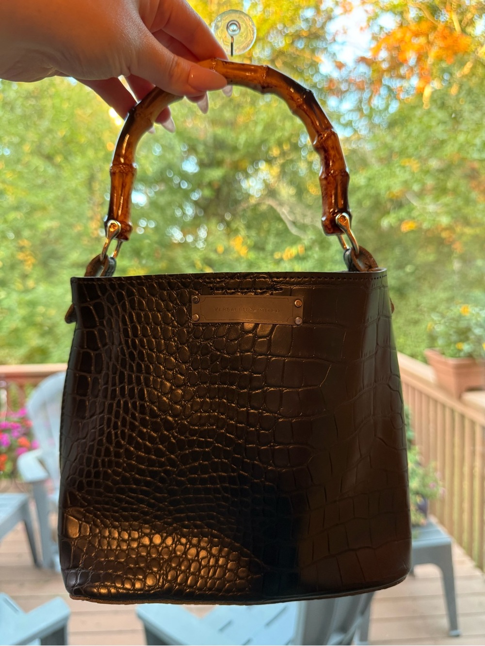 Versali Unlimited Black Croc-Embossed Bamboo-Handle Top-Handle Bag